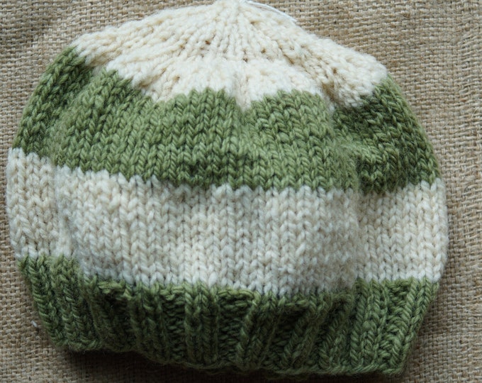 Green & Natural wool hand dyed child or small adult hand knit hat from our farm yarn free shipping offer