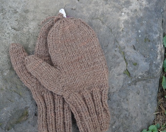 Ladies medium Cocoa hand knit and hand dyed wool mittens made on our USA farm frm our sof wool yarn
