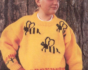 Bumblebees pullover sweater knitting pattern child's sizes 2-8 uses worsted weight yarn