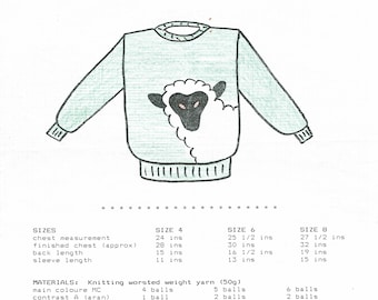 May include: A knitting pattern for a child's pullover titled The Lamb #021 by eweCANknit. The illustration shows a light blue long-sleeve sweater with a central sheep graphic. The document includes sizing charts in inches, material requirements, and tension details.