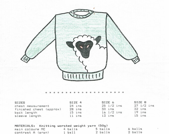 Lamb pullover sweater knitting pattern kids sizes 4 to 8 knit uses worsted weight yarn