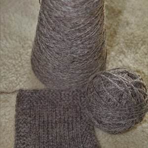 May include: A skein of brown yarn, a ball of brown yarn, and a knitted square of brown yarn.