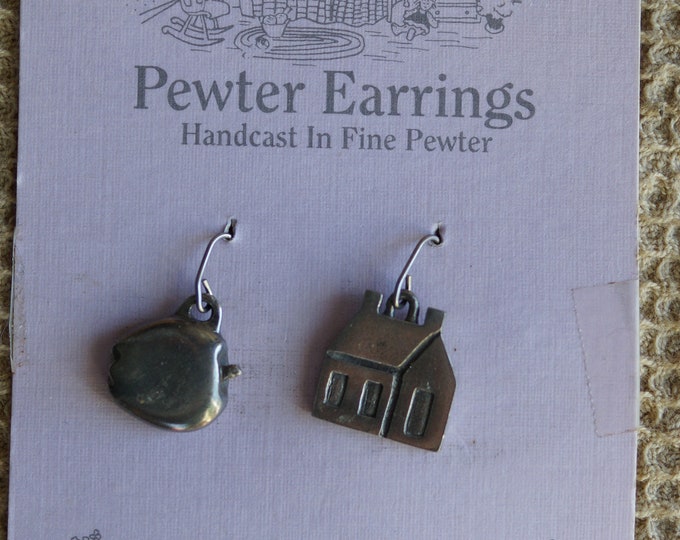 Apple and schoolhouse earrings wire pewter Danforth vintage