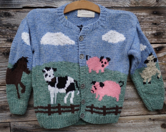 childs barnyard hand knit wool cardigan with pewter buttons hand knit made in the USA of American wool free shipping