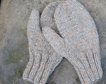 Hand knit peach and gray wool and mohair mittens lg child or small ladies