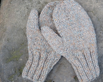 Hand knit peach and gray wool and mohair mittens lg child or small ladies