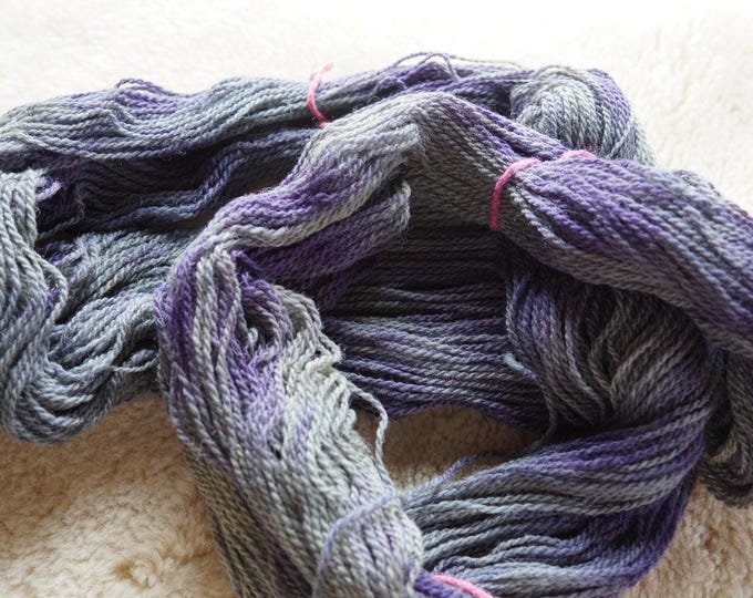 Lichens and Violets sport weight hand painted wool 2 ply wool yarn from our American farm grown in the USA