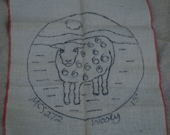 Hooked rug stamped canvas: wooly sheep seat cover round on burlap free shipping offer
