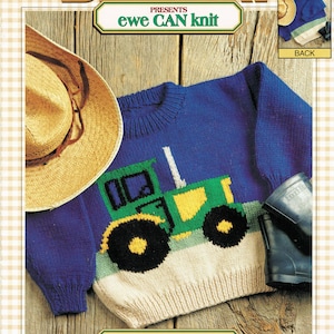 May include: A blue knitted sweater with a green tractor design. The sweater is for sizes 2-8 and is made with worsted weight yarn. The back of the sweater is shown in a separate image.