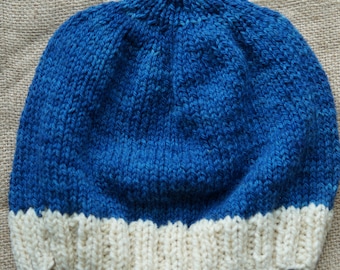 Wool hat shaded demim adult  hand knit from hand dyed wool  farm yarn on our USA farm