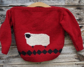 Childs Folk Sheep wool handknit sweater, American wool, made in the USA free shipping