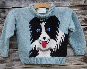 Border Collie childs handknit wool pullover sweater, American Wool, made in the USA, free shipping