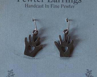 Heart in Hand Danforth dangle pewter earrings made in the USA