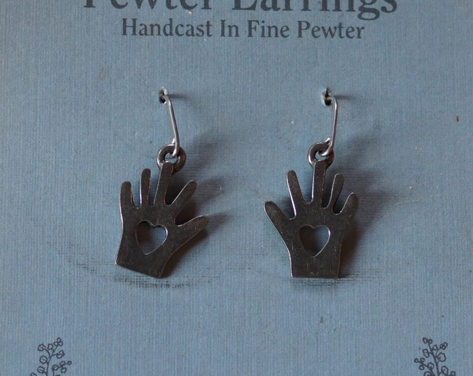 Heart in Hand Danforth dangle pewter earrings made in the USA