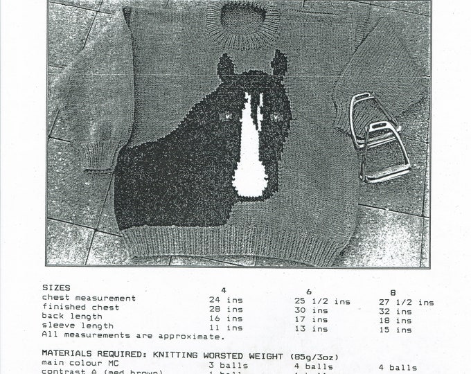 The Horse child's knitting pattern sizes 4-8 uses worsted weight yarn