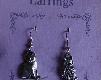 Cat and Owl drop wire Danforth vintage pewter earrings Made in the USA