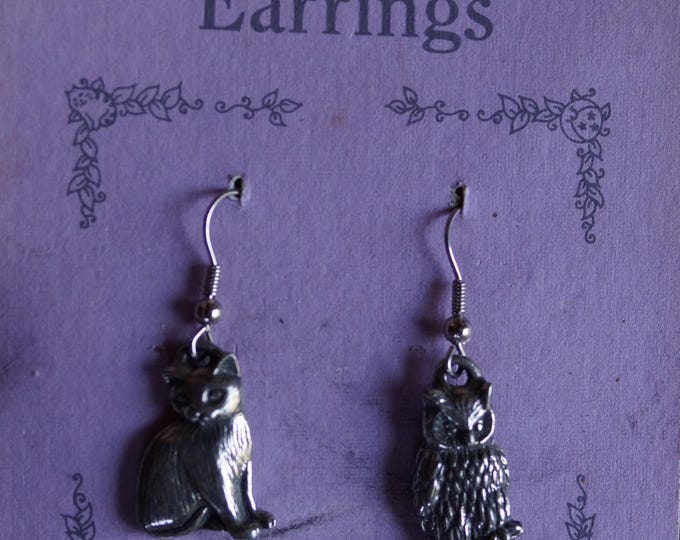 Cat and Owl drop wire Danforth vintage pewter earrings Made in the USA