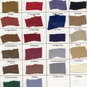 May include: A color swatch chart featuring samples of fabric in various shades. Colors include gold, red, country blue, black, rust, country red, royal blue, taupe, spice brown, barn red, navy, celery, dark brown, maroon, light gray, tan, brown, mauve, stone, natural, forest green, blue, dark gray, and white.