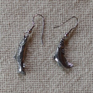 May include: A pair of silver fish-shaped earrings with a simple hook design.