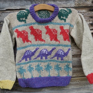 Childs wool sweater Dinosaur  hand knit  USA wool, free shipping USA