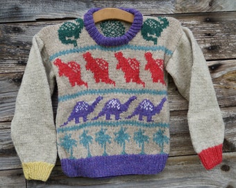 Childs wool sweater Dinosaur  hand knit  USA wool, free shipping USA
