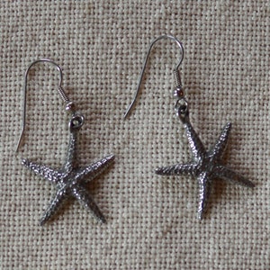 May include: A pair of silver starfish earrings with a simple hook design.