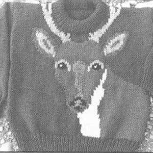 May include: A brown knitted sweater with a white deer design on the front. The deer has antlers, ears, and a white nose.