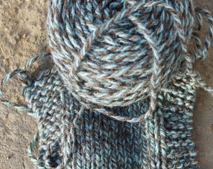 Blue Ragg 3 ply worsted soft wool tweed yarn kettle dyed yarn made in the USA on our small farm