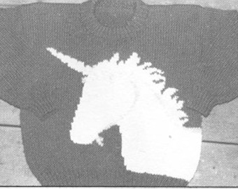 Unicorn knitting pattern for kids sizes 4-8 uses worsted weight yarn