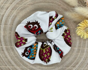 Scrunchie hair tie colorful owls on white