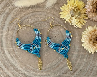 Unique macrame earrings earring boho hippie jewelry feather (1 pair) blue