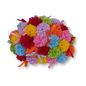 May include: A vibrant arrangement of colorful paper flowers in shades of red, orange, yellow, pink, blue, green, and purple. Each flower is adorned with a matching ribbon, creating a festive and cheerful display. The flowers are clustered together, forming a dense, eye-catching bouquet.