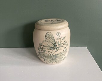 Butterfly and flowers stoneware jar, wheel thrown handmade ceramic lidded jar, small ginger jar shape