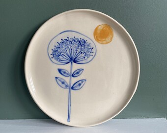 White Stoneware plate with blue flowers illustration, wheel thrown, hand painted dish, folk inspired