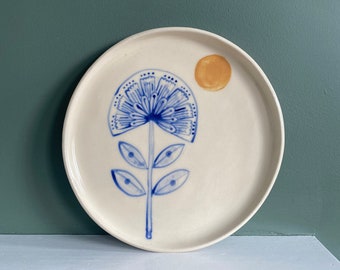 White Stoneware plate with blue flowers illustration, wheel thrown, hand painted dish, folk inspired