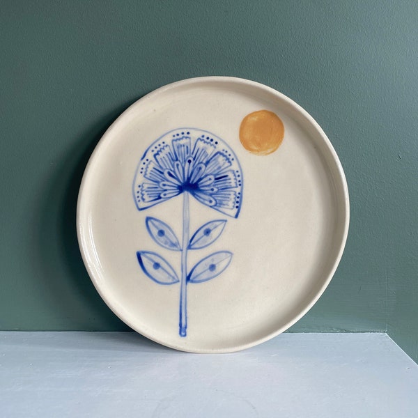 White Stoneware plate with blue flowers illustration, wheel thrown, hand painted dish, folk inspired