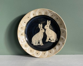 Hare bowl with decorated rim, wheel thrown stoneware pottery dish