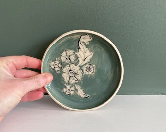 Ceramic trinket dish, with botanical floral design handmade hand painted stoneware small dish