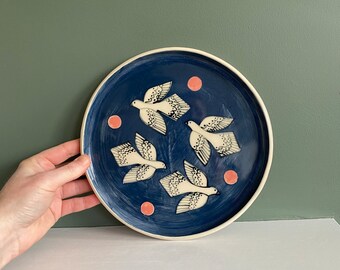 Ceramic Plate with Bird Design in Pink and Blue medium size Mid Century x Folk Inspired Plate
