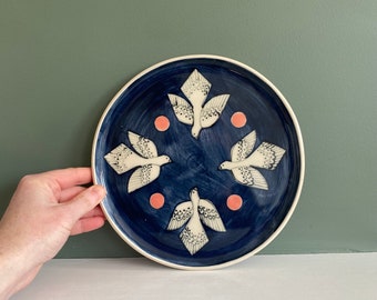 Ceramic Plate with Bird Design in Pink and Blue medium size Mid Century x Folk Inspired Plate