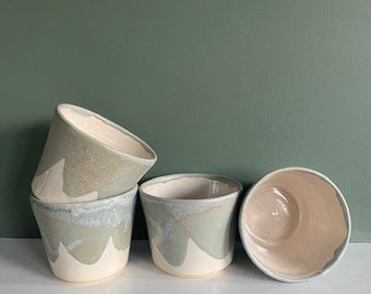 Large tumblers or small planters with scallop edge glaze detail, green and oatmeal