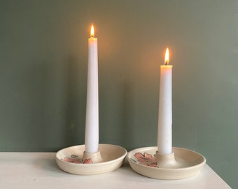 Candle stick holders with pink flower pattern, Scandinavian folk inspired, wheel thrown stoneware pottery candle holders