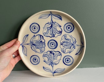 White Stoneware plate with blue flowers illustration, wheel thrown, hand painted dish, folk inspired