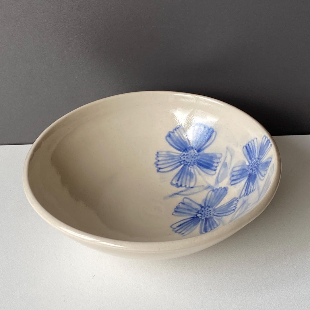 Hand Painted Blue Flowers Ceramic Bowl - White Stoneware Clay - Etsy