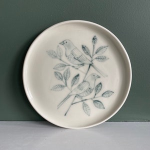 Porcelain illustrated bird plate, dish with bird and leaves hand painted illustrated plate