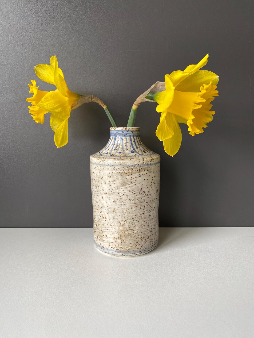 Speckled Blue and White Bud Vase, Flower Pattern, Wheel Thrown ...