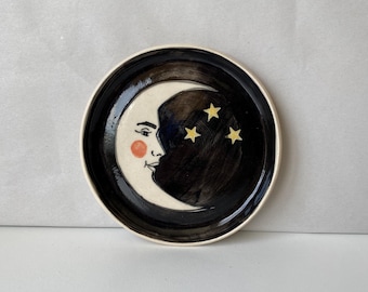 Ceramic Moon and Stars trinket dish, handmade hand painted stoneware small dish