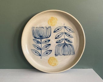 White Stoneware plate with blue flowers illustration, wheel thrown, hand painted dish, folk inspired