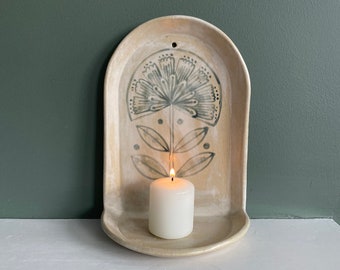 Flower candle holder, in natural and white, folk inspired, scandi home design