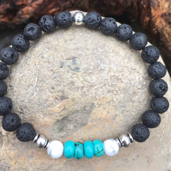 Handmade essential oil diffuser bracelet with lava stones, turquoise and howlite bead jewellery aromatherapy anxiety relief